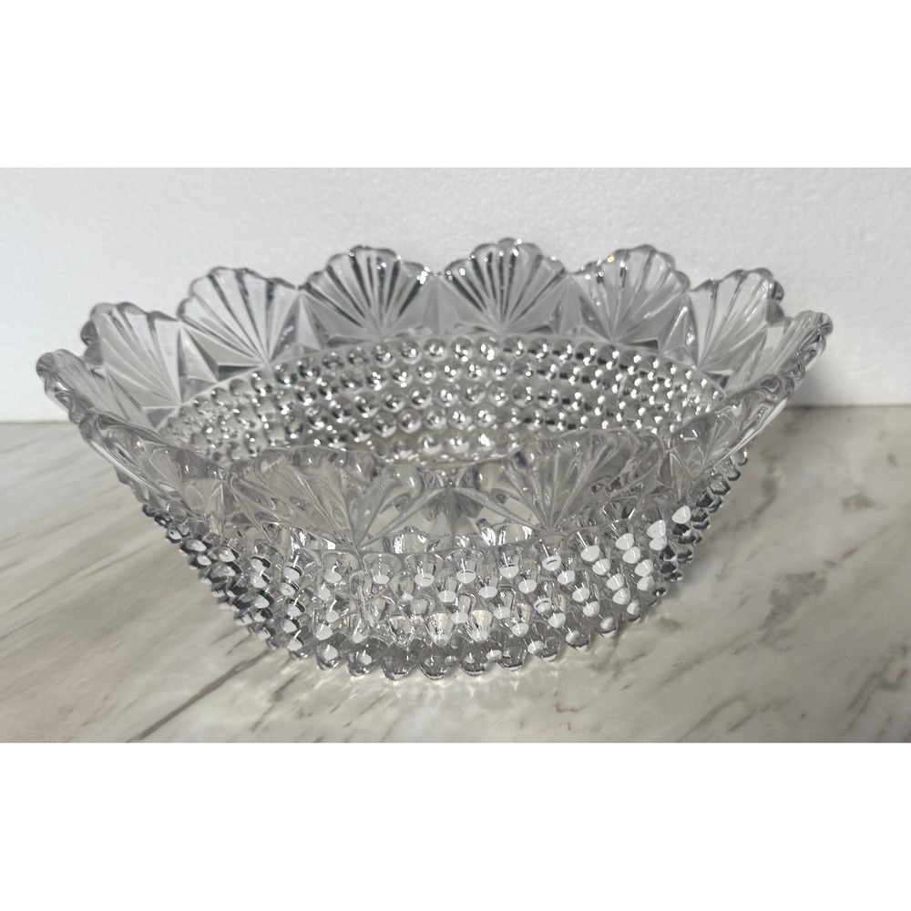 Vintage Clear Hobnail Glass Bowl Scalloped Fan Rim 10.5 Inch Centerpiece Serving